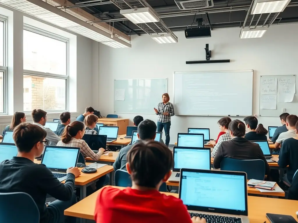 A group of young people participating in a coding workshop at the Samuel Lithgow Youth Centre, showcasing their engagement and learning in a modern, tech-focused environment.
