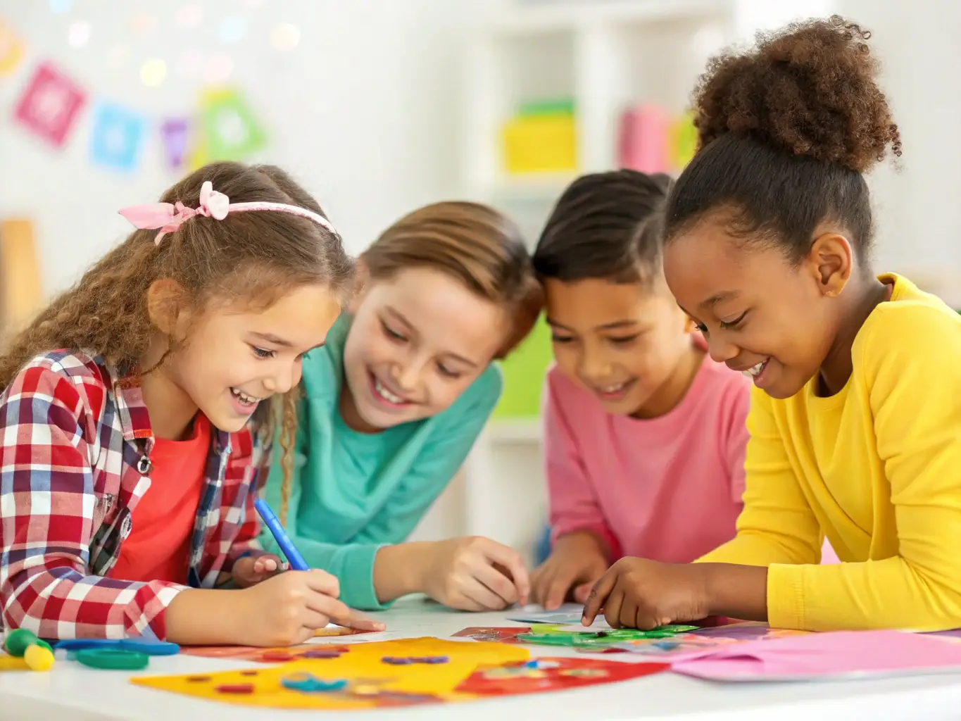 A vibrant image of young people engaging in group activities in a bright, welcoming space, representing the Youth Clubs program at Samuel Lithgow Youth Centre.