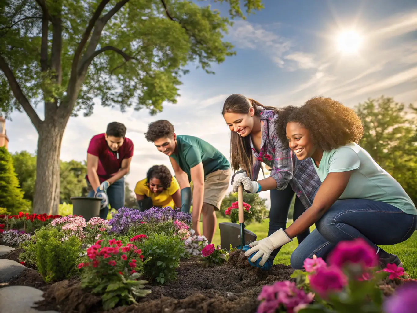 A group of diverse people are smiling and working together in a community garden, planting vegetables and flowers.