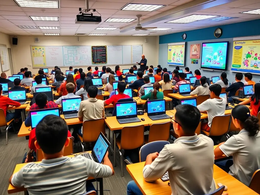 A photo of learners working on computers in a modern training room, illustrating the IT Training & Educational Courses at Samuel Lithgow Youth Centre.