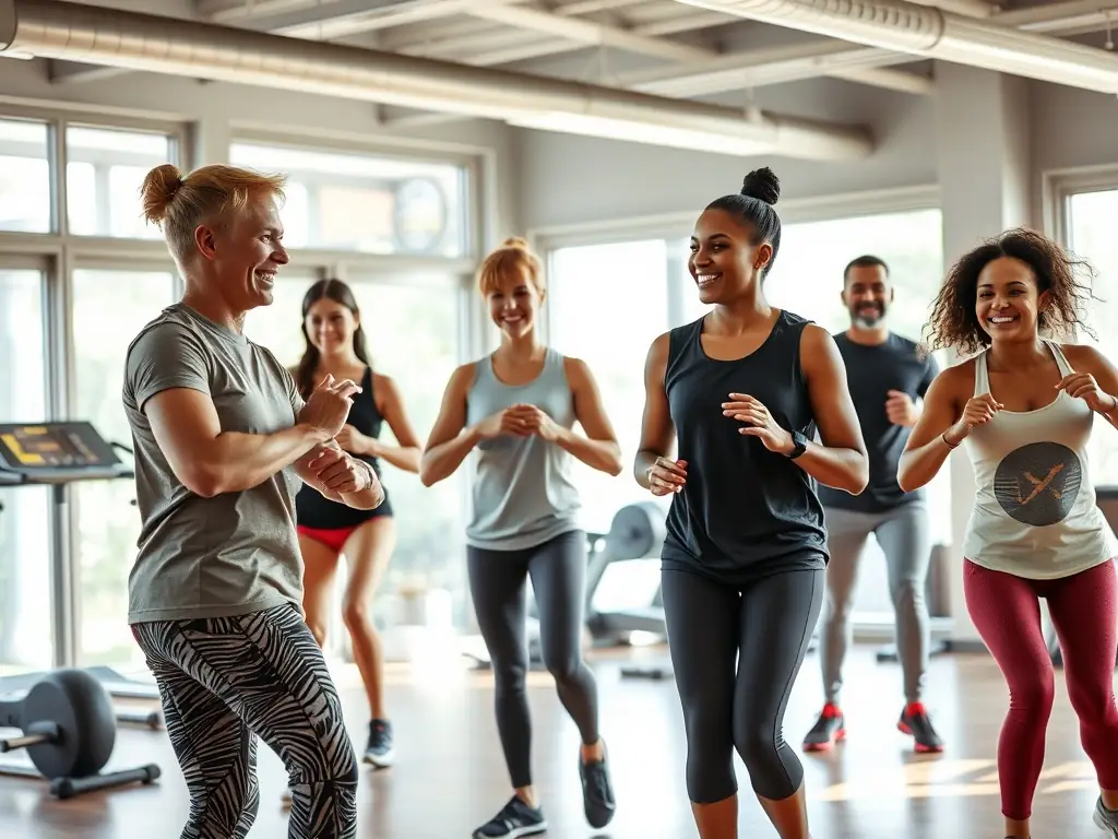An image depicting adults participating in a fitness class at Samuel Lithgow Youth Centre, led by an instructor. The setting is a well-equipped gym or studio, emphasizing health and wellness.