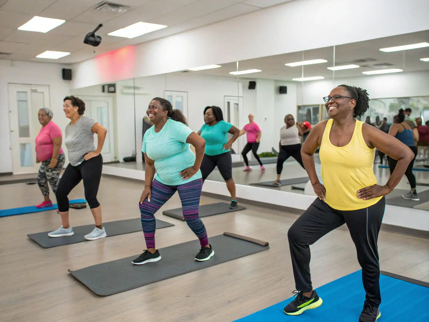 A vibrant scene from an adult fitness class at the Samuel Lithgow Youth Centre, with participants of various ages and backgrounds exercising together in a lively and supportive atmosphere.