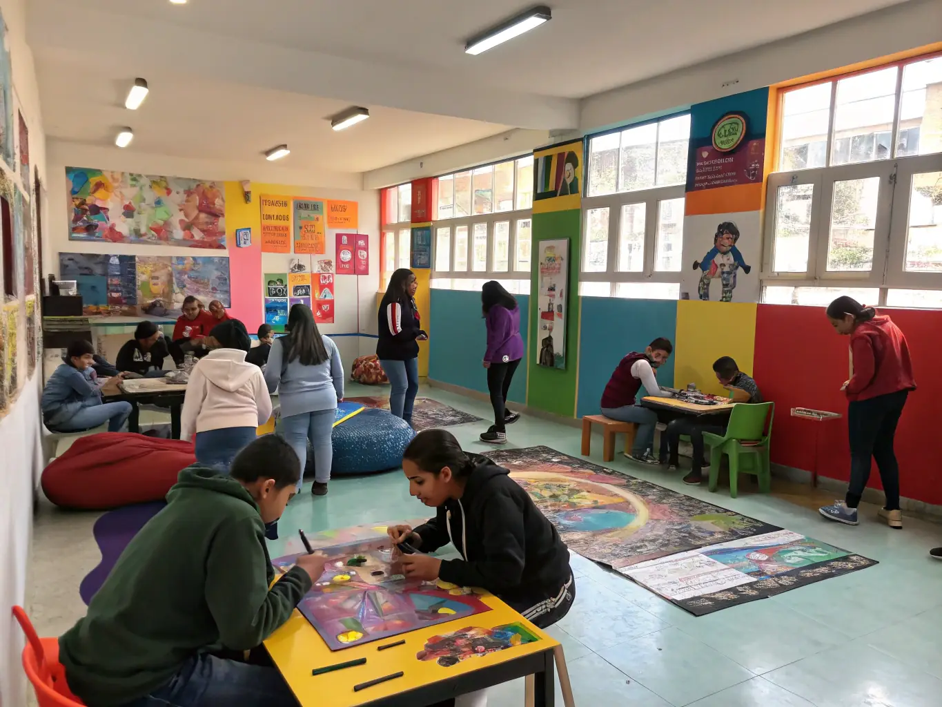 A vibrant image showing young people participating in a youth club activity at Samuel Lithgow Youth Centre, with smiles and engagement visible. The setting is indoors, showcasing a safe and supportive environment.